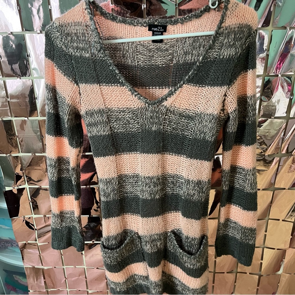 Striped V-Neck Sweater - Pink and Gray Rue 21